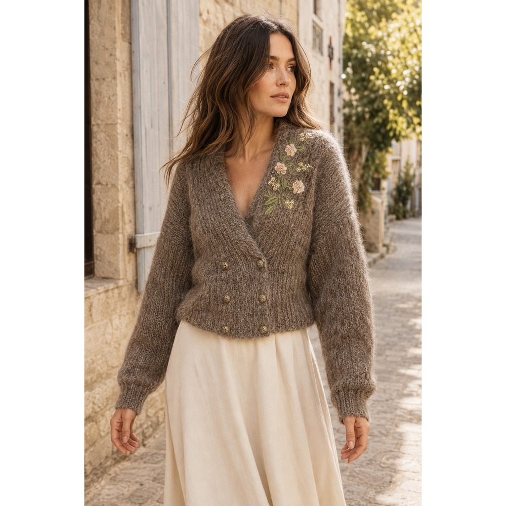Vintage French Mohair Blend Cardigan M Floral Embroidered Cottagecore Sweater